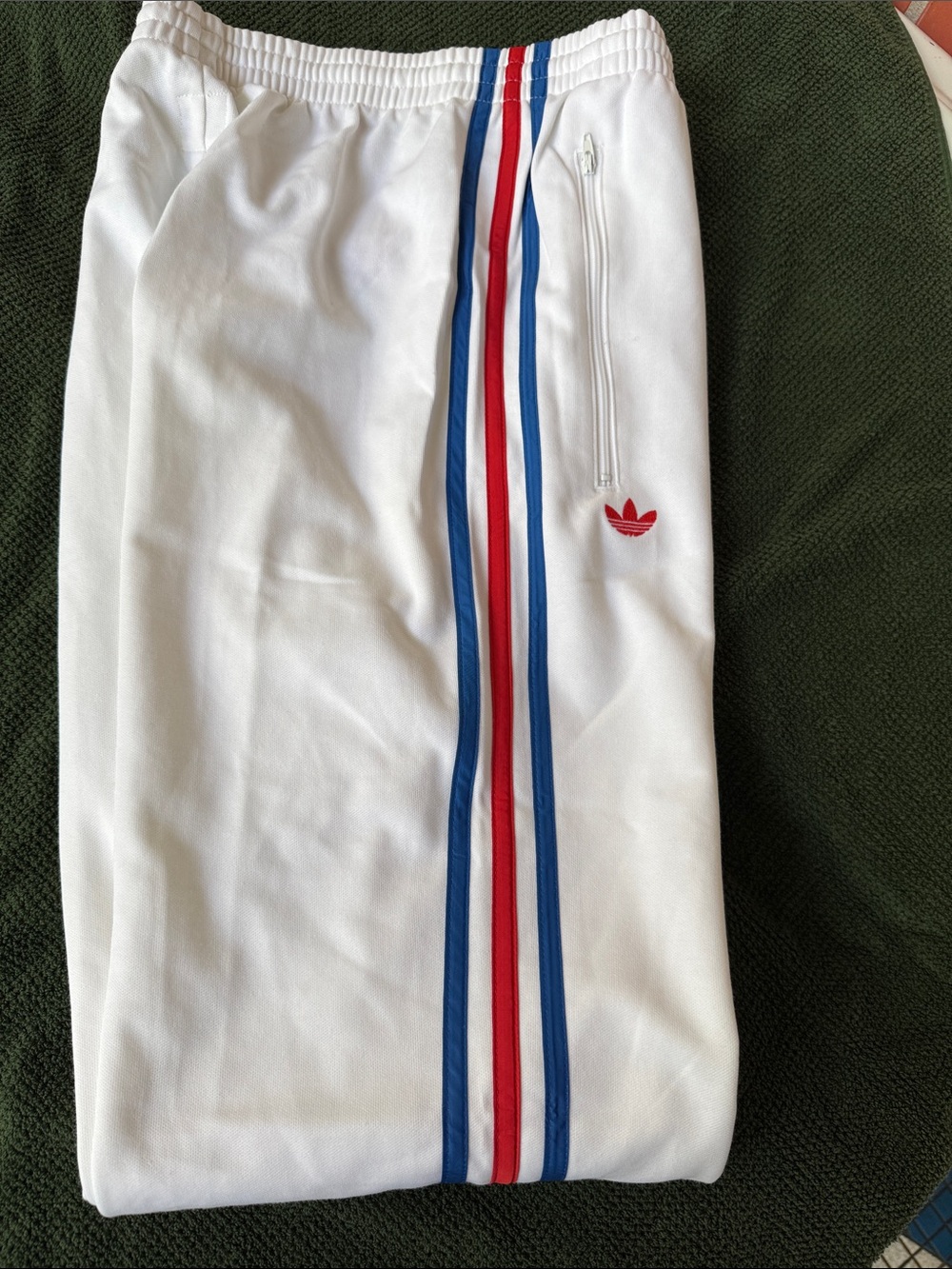 adidas White Track Pants with Red & Blue Side Stripes Poll vaulter Thompson